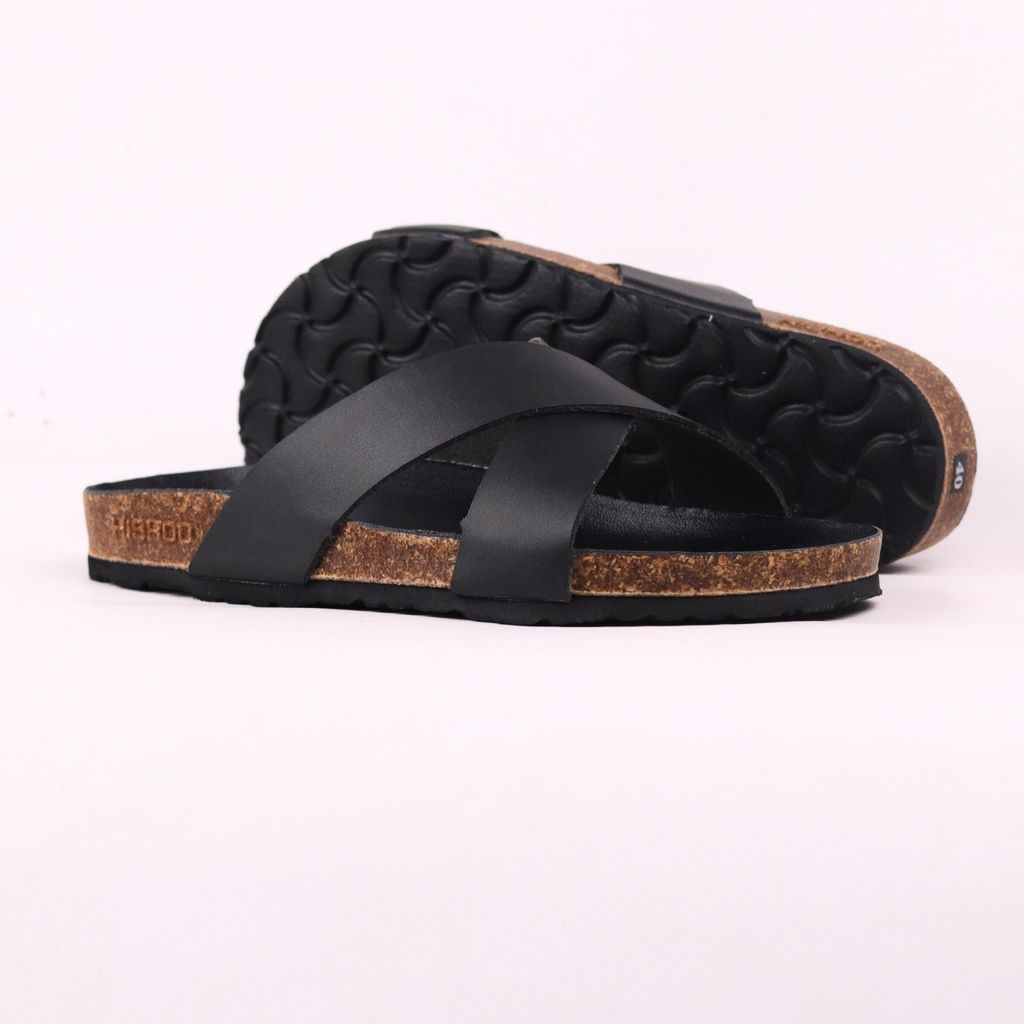 Dép đế trấu birken quai ngang chéo MẶT ĐEN HISHOO S096