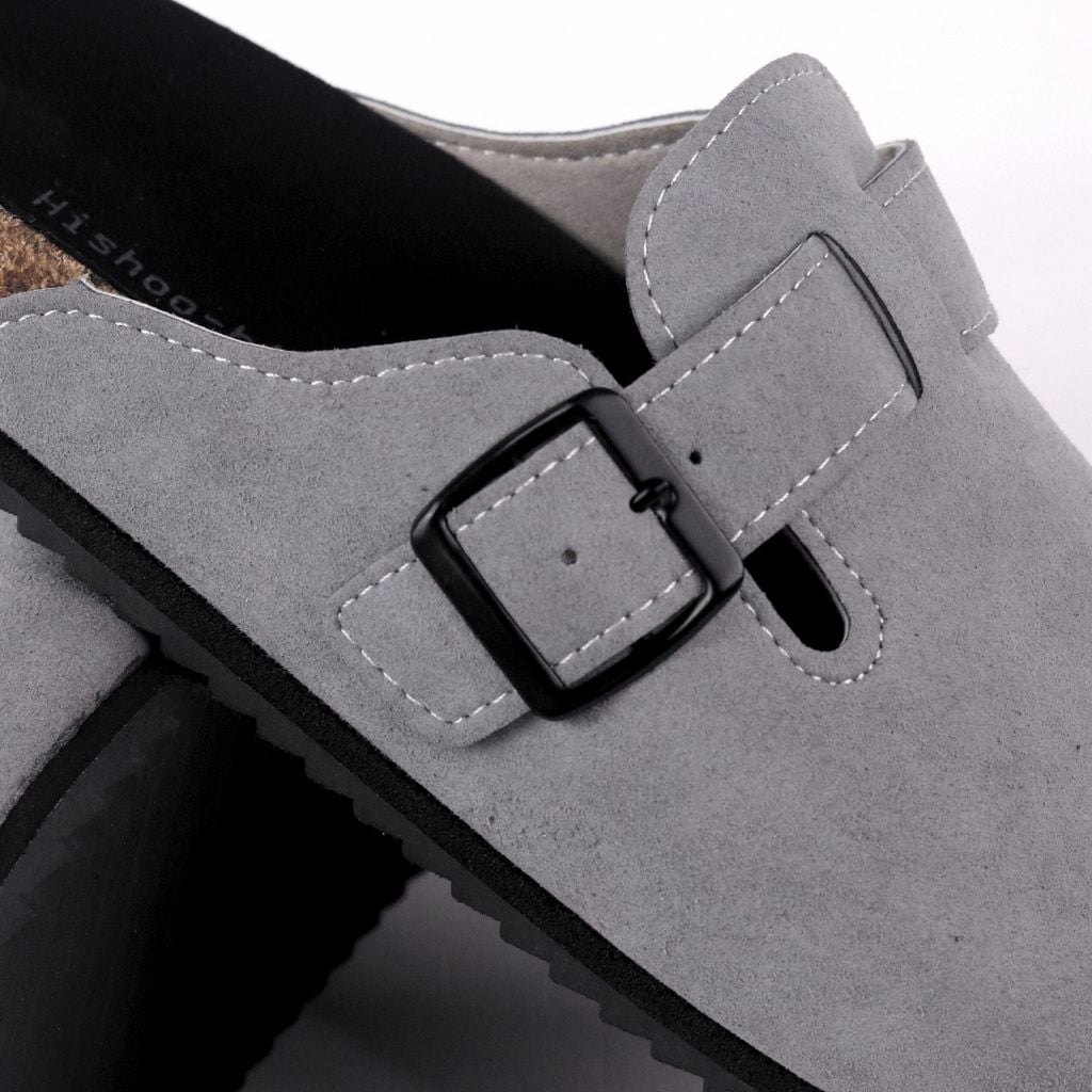 Dép đế trấu sục Boston Xám/ Kem/Bò quai ngang da lộn HISHOO R109