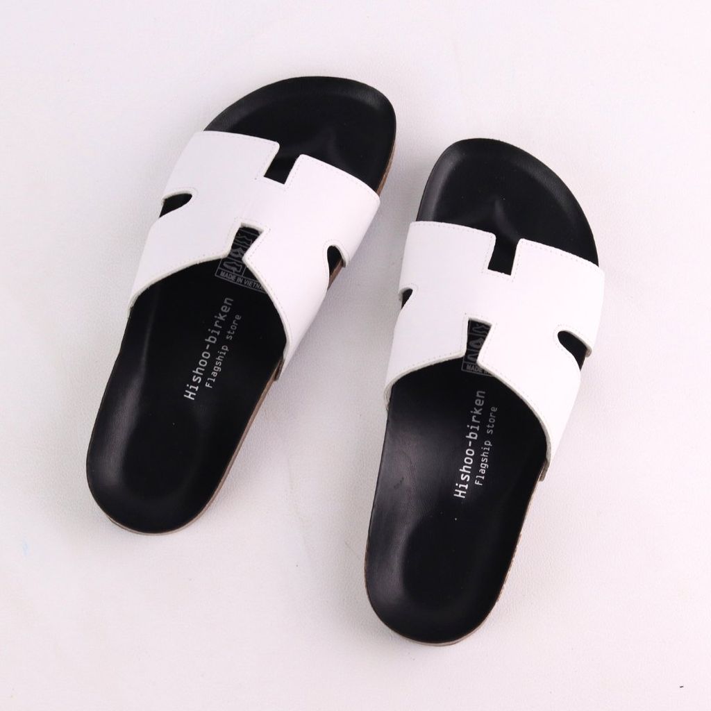 Dép đế trấu birken quai ngang chữ H MẶT ĐEN da bò HISHOO M095
