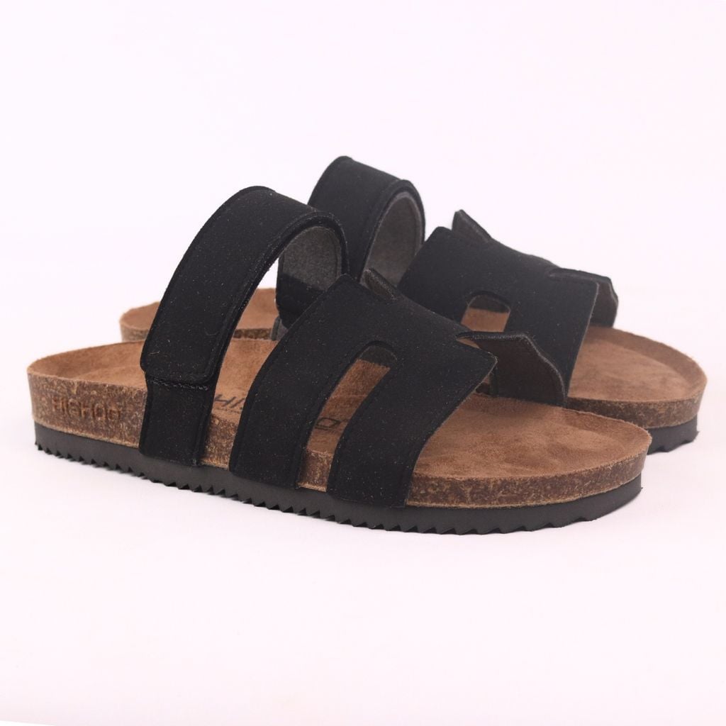 Dép đế trấu birken Chữ H Sandal quai ngang bản, da lộn premium HISHOO H104