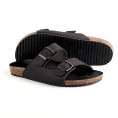 Dép đế trấu birken quai ngang 2 khoá MẶT ĐEN da bò HISHOO M093