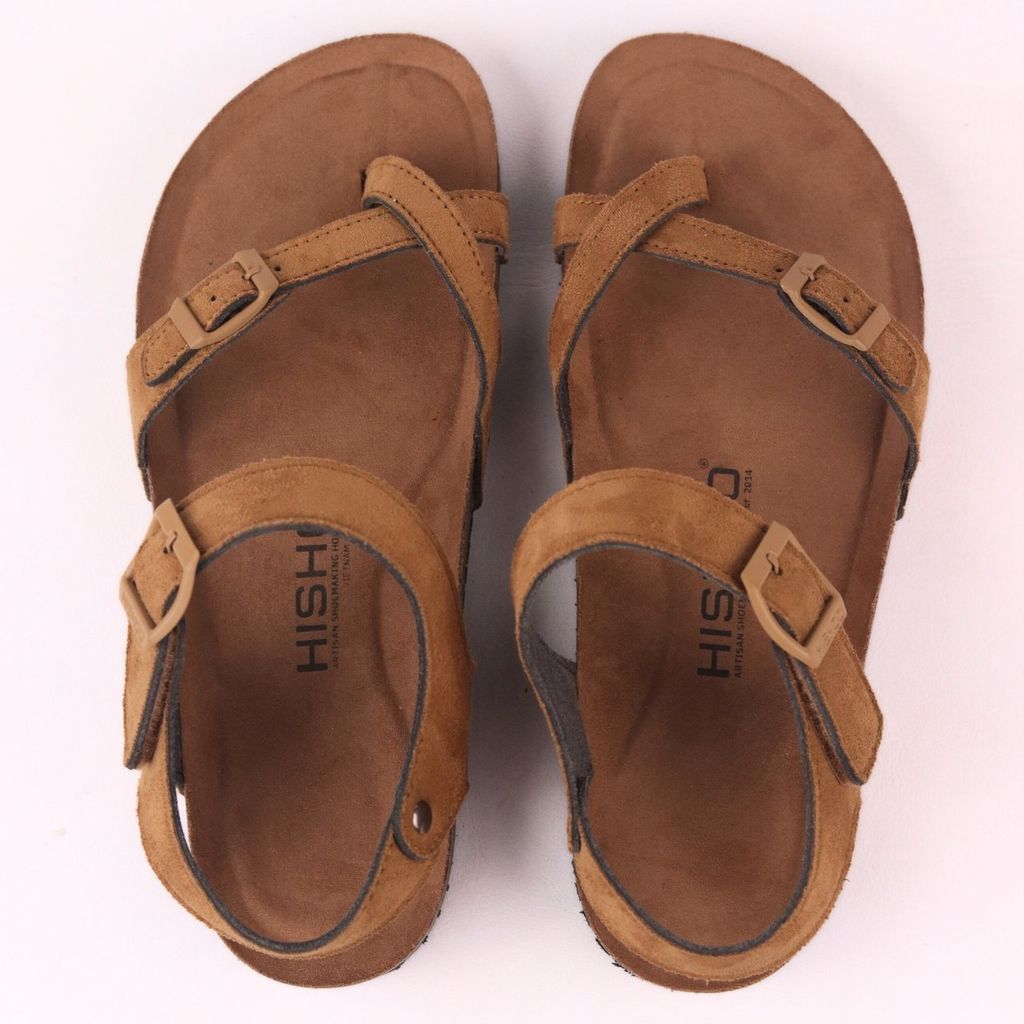Dép đế trấu birken quai ngang sandal xỏ ngón da lộn premium HISHOO H118