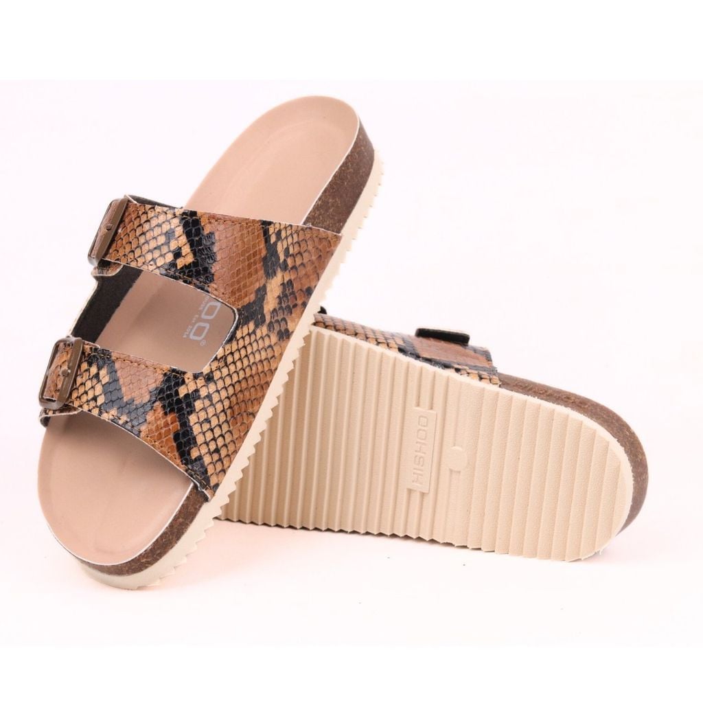 Dép đế trấu birken 2 khoá Nâu Vân Rắn premium HISHOO B093