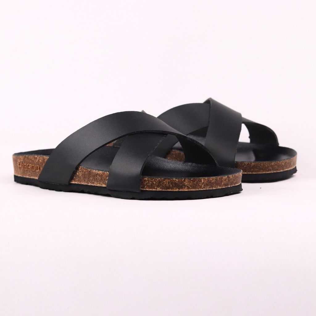 Dép đế trấu birken quai ngang chéo MẶT ĐEN HISHOO S096
