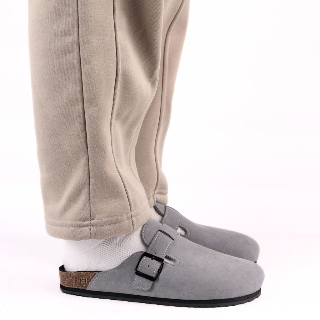 Dép đế trấu sục Boston Xám/ Kem/Bò quai ngang da lộn HISHOO R109