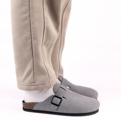 Dép đế trấu sục Boston Xám/ Kem/Bò quai ngang da lộn HISHOO R109