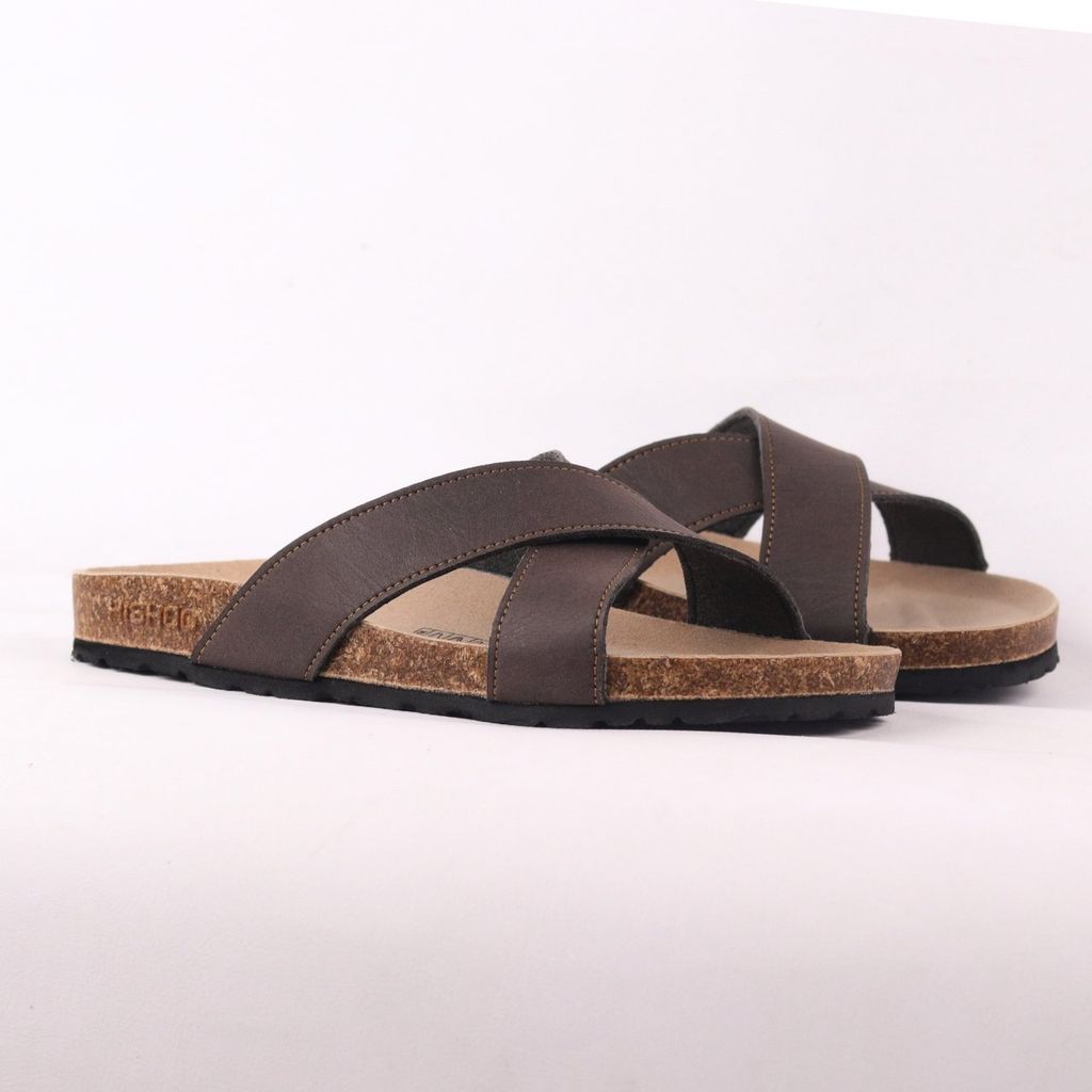 Dép đế trấu birken quai ngang chéo MẶT ĐEN da bò HISHOO M096