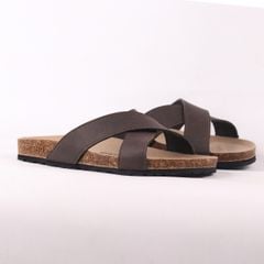 Dép đế trấu birken quai ngang chéo MẶT ĐEN da bò HISHOO M096