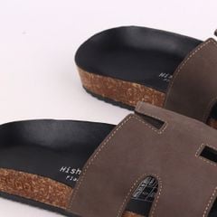 Dép đế trấu birken quai ngang chữ H MẶT ĐEN da bò HISHOO M095