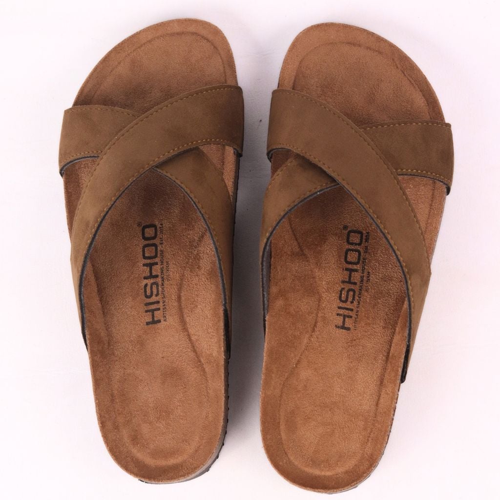 Dép đế trấu birken quai ngang chéo da lộn premium HISHOO H096