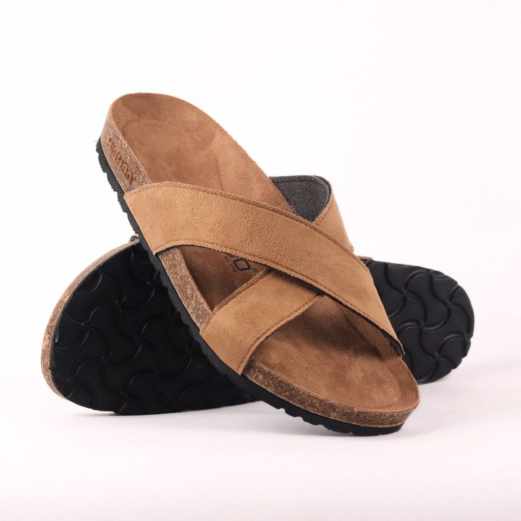 Dép đế trấu birken quai ngang chéo da lộn HISHOO R096