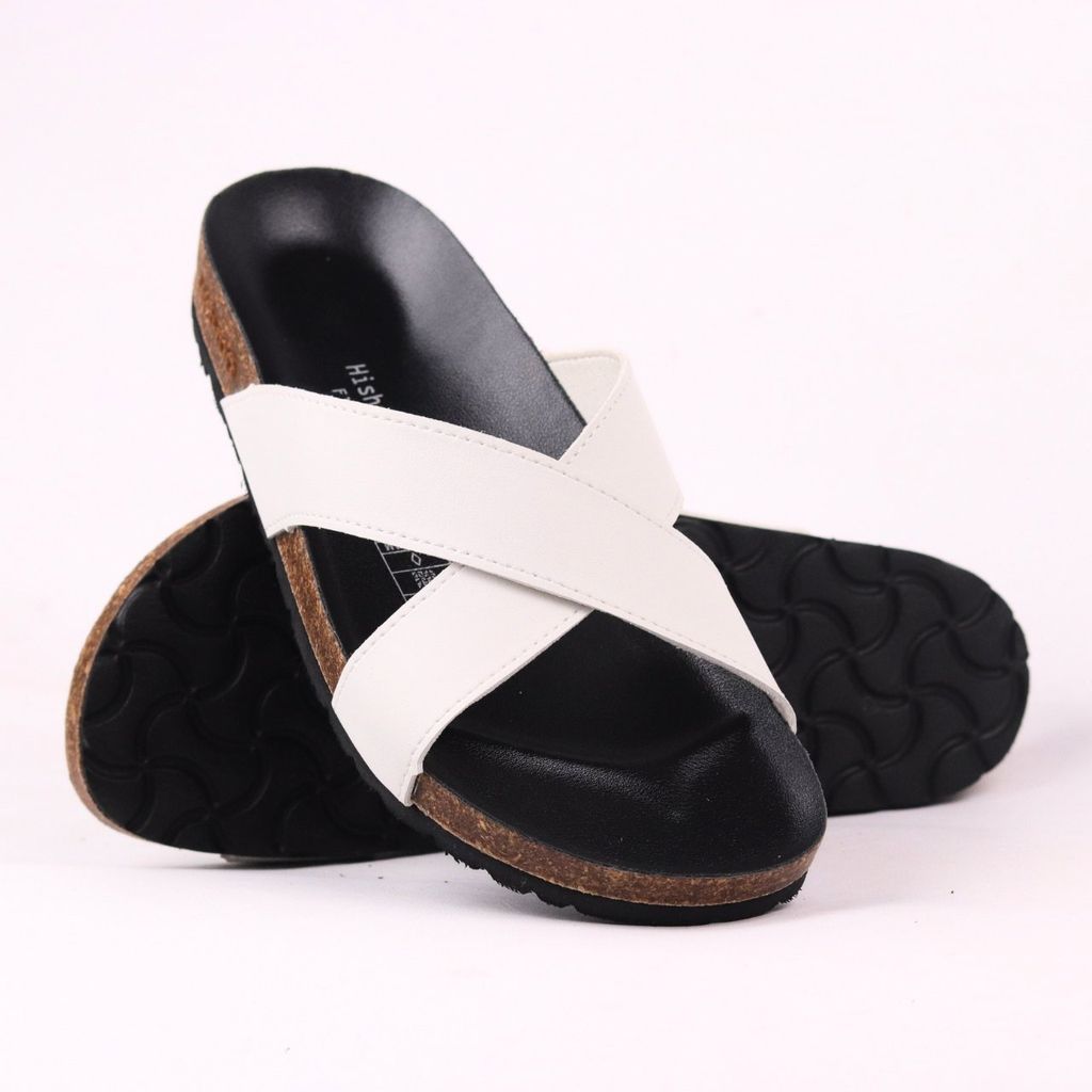Dép đế trấu birken quai ngang chéo MẶT ĐEN da bò HISHOO M096