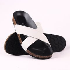 Dép đế trấu birken quai ngang chéo MẶT ĐEN da bò HISHOO M096