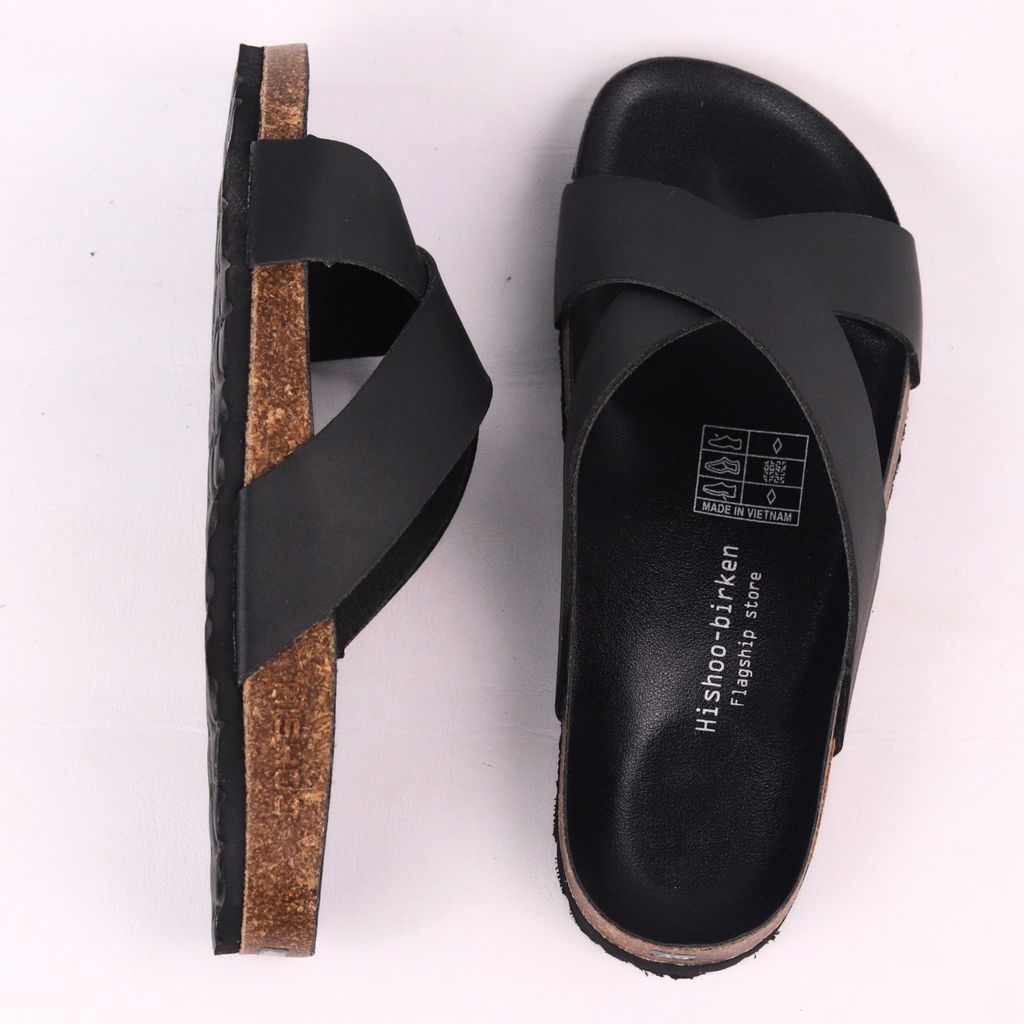 Dép đế trấu birken quai ngang chéo MẶT ĐEN HISHOO S096
