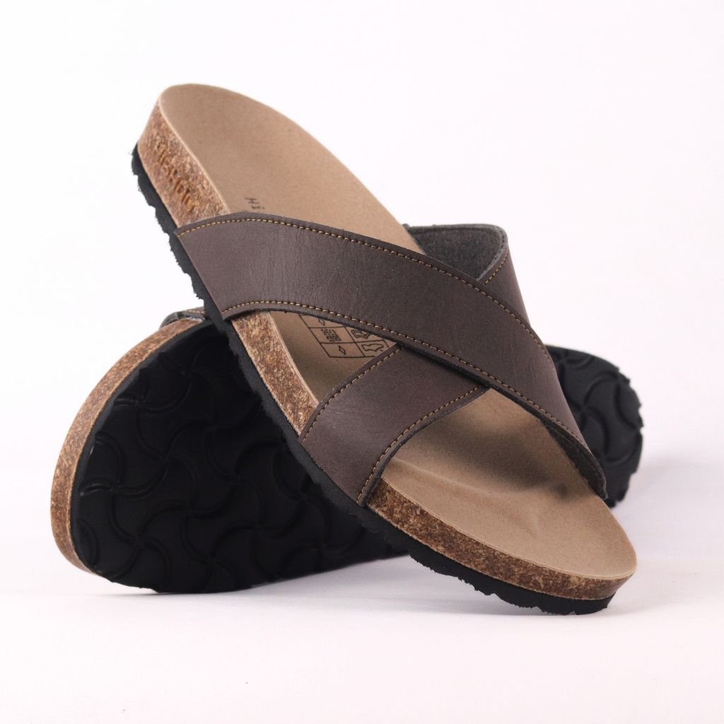 Dép đế trấu birken quai ngang chéo MẶT ĐEN da bò HISHOO M096