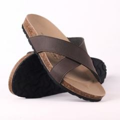 Dép đế trấu birken quai ngang chéo MẶT ĐEN da bò HISHOO M096