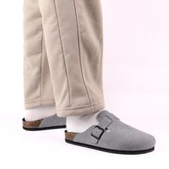 Dép đế trấu sục Boston Xám/ Kem/Bò quai ngang da lộn HISHOO R109