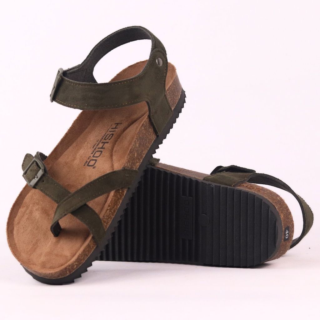 Dép đế trấu birken quai ngang sandal xỏ ngón da lộn premium HISHOO H118