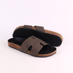 Dép đế trấu birken quai ngang chữ H MẶT ĐEN da bò HISHOO M095