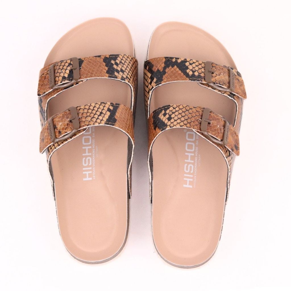 Dép đế trấu birken 2 khoá Nâu Vân Rắn premium HISHOO B093