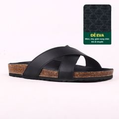Dép đế trấu birken quai ngang chéo MẶT ĐEN da bò HISHOO M096