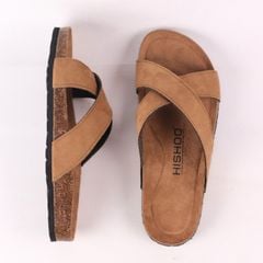 Dép đế trấu birken quai ngang chéo da lộn HISHOO R096