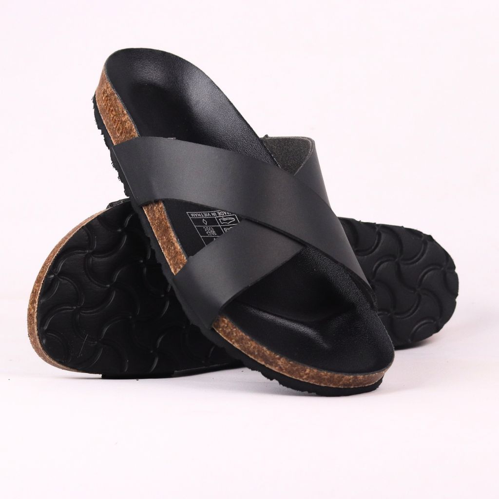 Dép đế trấu birken quai ngang chéo MẶT ĐEN HISHOO S096