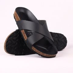 Dép đế trấu birken quai ngang chéo MẶT ĐEN HISHOO S096