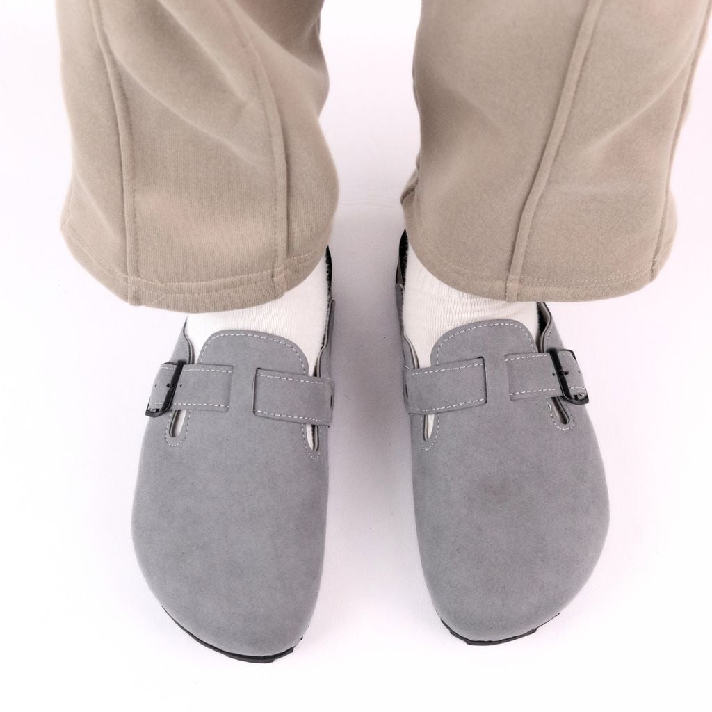 Dép đế trấu sục Boston Xám/ Kem/Bò quai ngang da lộn HISHOO R109