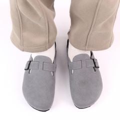 Dép đế trấu sục Boston Xám/ Kem/Bò quai ngang da lộn HISHOO R109