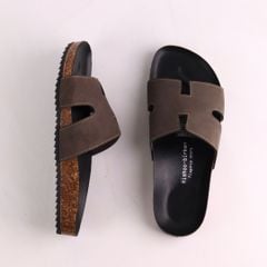 Dép đế trấu birken quai ngang chữ H MẶT ĐEN da bò HISHOO M095