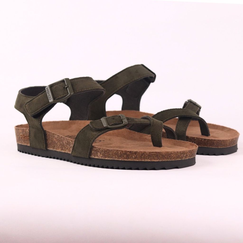 Dép đế trấu birken quai ngang sandal xỏ ngón da lộn premium HISHOO H118
