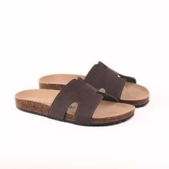 Dép đế trấu birken quai ngang chữ H MẶT ĐEN da bò HISHOO M095