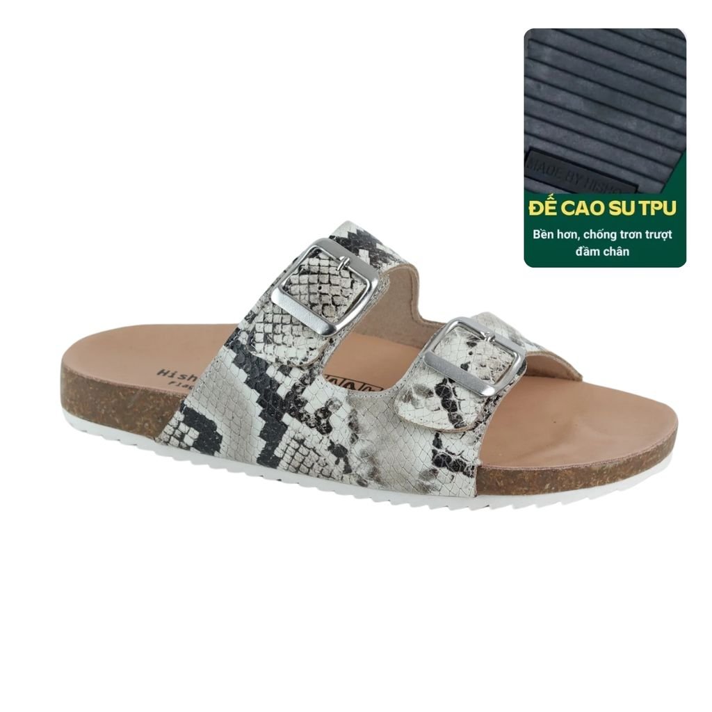 Dép đế trấu birken quai ngang 2 khoá Da hiếm HISHOO M093