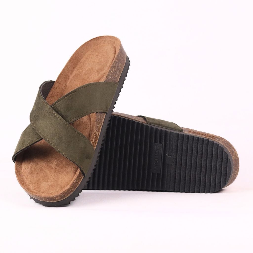 Dép đế trấu birken quai ngang chéo da lộn premium HISHOO H096