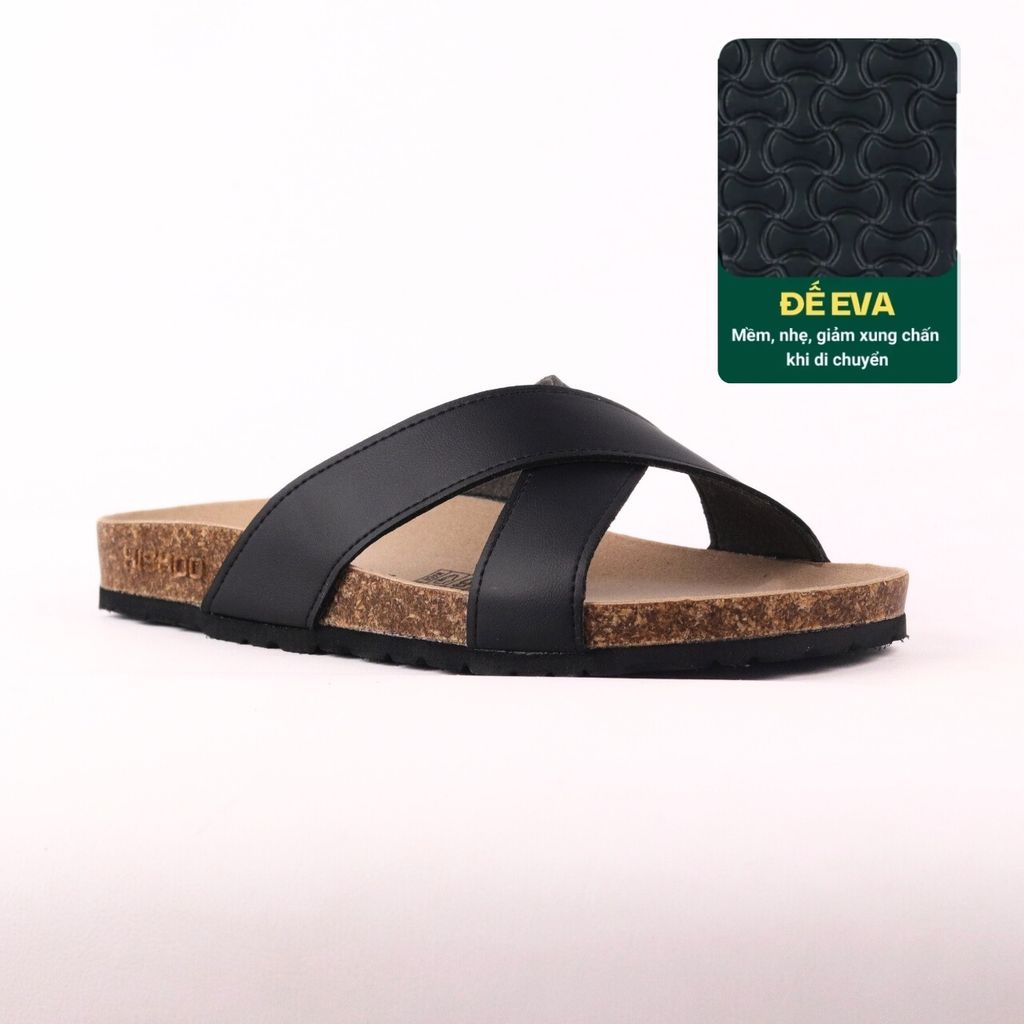 Dép đế trấu birken quai ngang chéo MẶT ĐEN da bò HISHOO M096