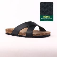 Dép đế trấu birken quai ngang chéo MẶT ĐEN da bò HISHOO M096