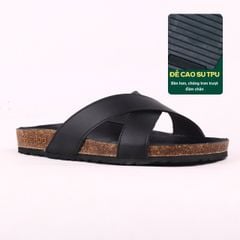 Dép đế trấu birken quai ngang chéo MẶT ĐEN da bò HISHOO M096