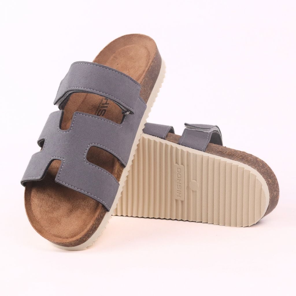 Dép đế trấu birken Chữ H Sandal quai ngang bản, da lộn premium HISHOO H104