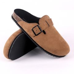 Dép đế trấu sục Boston Xám/ Kem/Bò quai ngang da lộn HISHOO R109