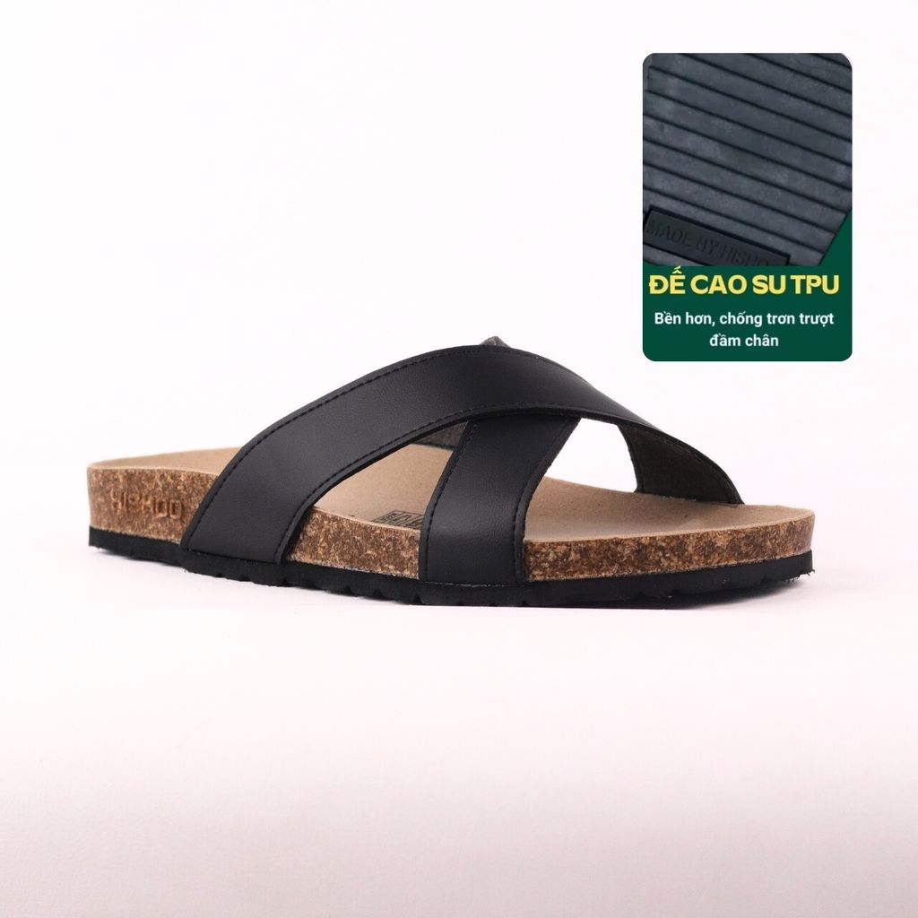 Dép đế trấu birken quai ngang chéo MẶT ĐEN da bò HISHOO M096