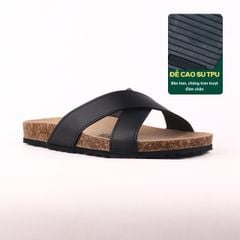 Dép đế trấu birken quai ngang chéo MẶT ĐEN da bò HISHOO M096