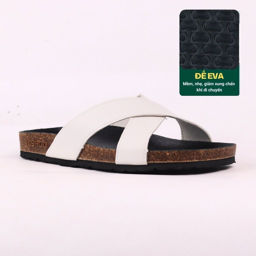 Dép đế trấu birken quai ngang chéo MẶT ĐEN da bò HISHOO M096