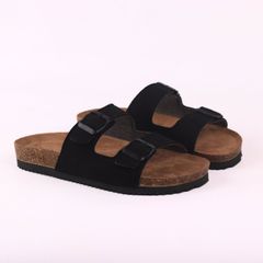 Dép đế trấu birken 2 khoá ĐEN da lộn premium HISHOO H093
