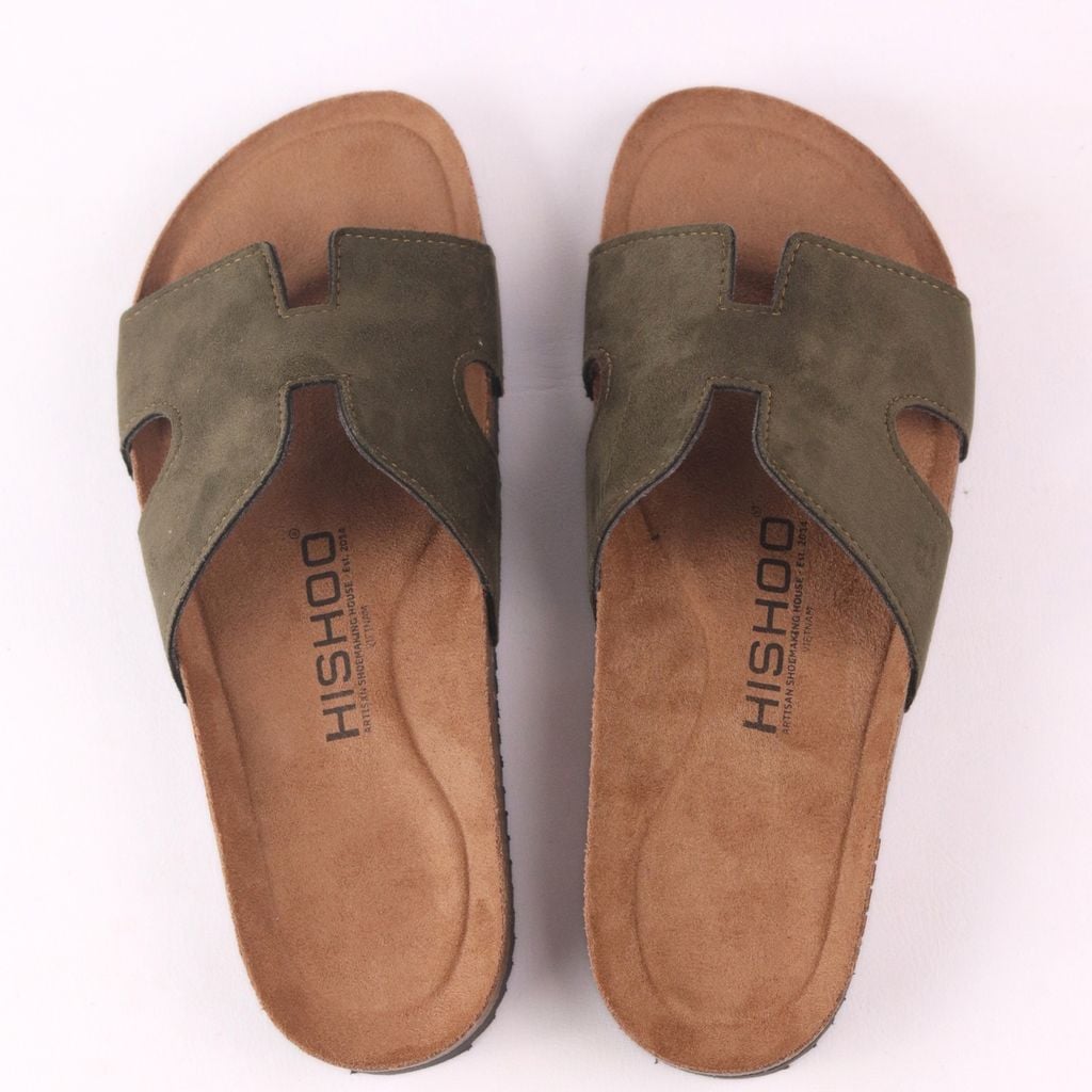 Dép đế trấu birken Chữ H da lộn premium HISHOO H095
