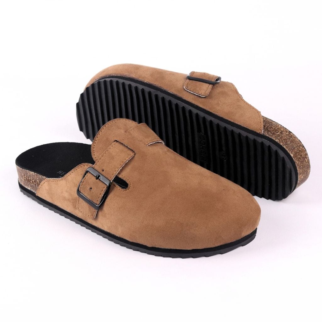 Dép đế trấu sục Boston Xám/ Kem/Bò quai ngang da lộn HISHOO R109