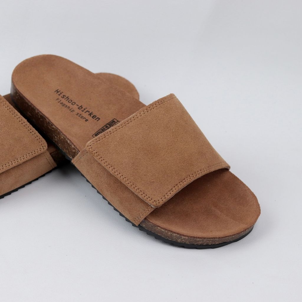 Dép đế trấu birken quai ngang Xé Dán da lộn HISHOO R103