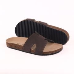 Dép đế trấu birken quai ngang chữ H MẶT ĐEN da bò HISHOO M095