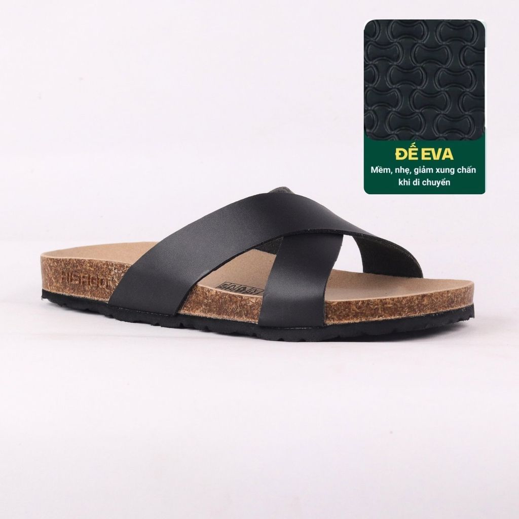 Dép đế trấu birken quai ngang chéo MẶT ĐEN HISHOO S096