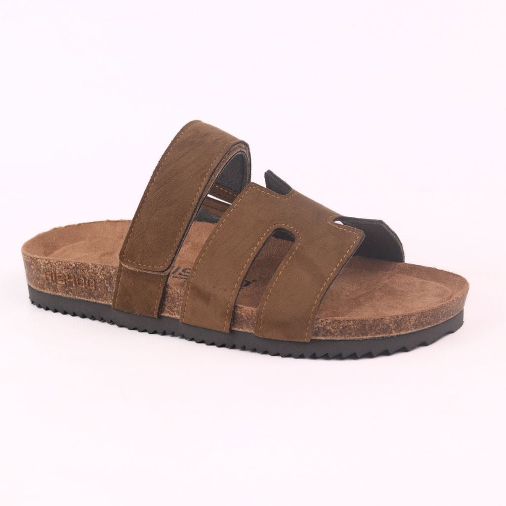 Dép đế trấu birken Chữ H Sandal quai ngang bản, da lộn premium HISHOO H104